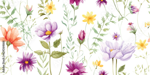 Floral seamless pattern with colorful flowers cosmos, coreopsis, bells, lavender and green leaves on branches. Delicate watercolor illustration on white background for textile or wallpapers