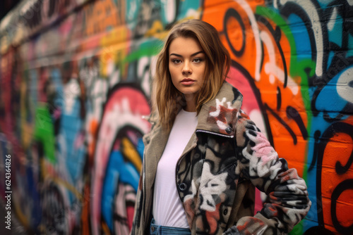 A young fashion model posing against a colorful graffiti wall, showcasing edgy and urban fashion trends with a rebellious flair. Generative Ai © bluebeat76