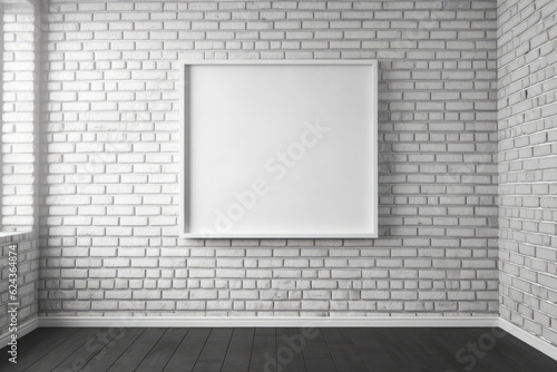 on a wall of white bricks  one wooden frame. mockup of a painted wooden frame. Interior is empty. create an interior. For use in business. Pass anywhere frame. Blank. Brick wall shadow on the wall