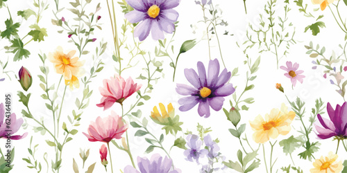 Canvas Print Floral seamless pattern with colorful flowers cosmos, coreopsis, bells, lavender and green leaves on branches