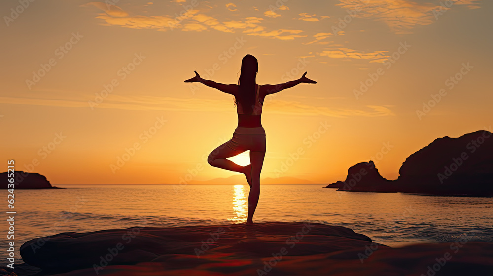 silueta de mujer de espaldas haciendo yoga al atardecer en una playa desierta.  Ilustración de Ia generativa