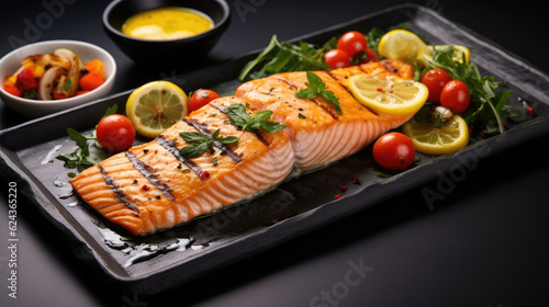 Contemporary Culinary Art: Grilled Salmon Fillet with Vibrant Accompaniments on Stylish Dark Grey Concrete-Look Setting