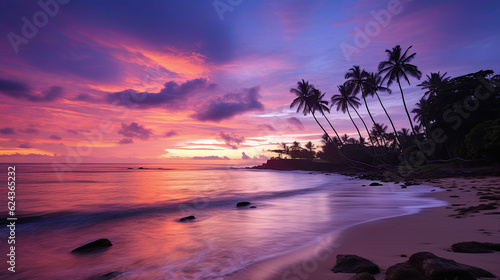 Paisaje de atardecer en una playa con palmeras y colores de tonos malvas y rosas. Ilustracion de Ia generativa