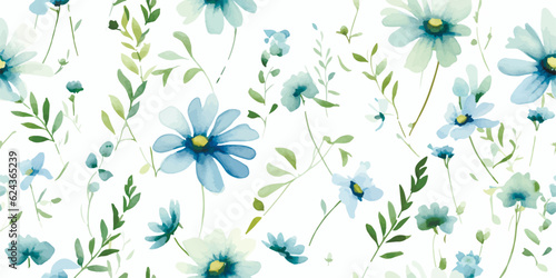 Floral seamless pattern with delicate blue wildflowers, random abstract green plants and leaves, turquoise background. Watercolor illustration meadow, print in provence style