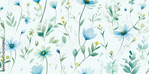 Floral seamless pattern with delicate blue wildflowers, random abstract green plants and leaves, turquoise background. Watercolor illustration meadow, print in provence style
