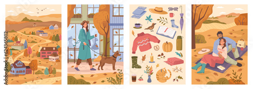 Autumn mood background set. Vector trees with falling leaves, village houses and woman walking with dog. Couple in love on picnic, fall stickers and autumn atmosphere
