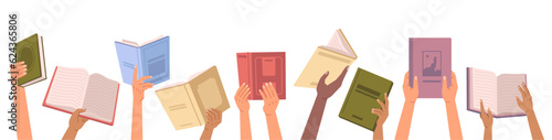 Book in hands, back to school, literature and textbook sharing, bookcrossing, education and knowledge concept, vector illustration. Diverse hands holding books, culture festival, library day © Sensvector