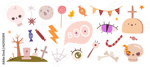 Vector set cute Halloween icons ghosts, skull and grave stone, cross and eye, candy and party garland. Halloween candles, holiday decorations for greeting card, bones and moon, spider web