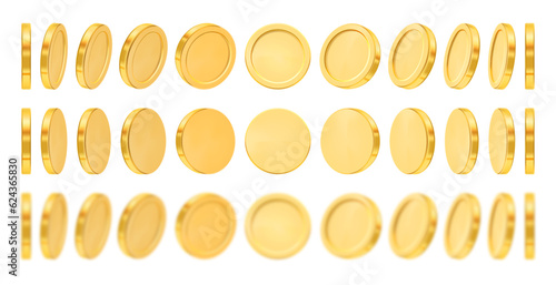 Gold money coins blur different view animation. Vector realistic currency, business and commerce, payment and profit symbol of economy and financial. Market and exchange, earnings and income