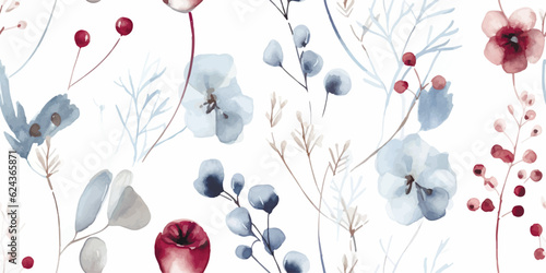 Floral seamless pattern with delicate flowers, branches and plants, watercolor illustration blue and burgundy colors for textile or wallpapers on white background.