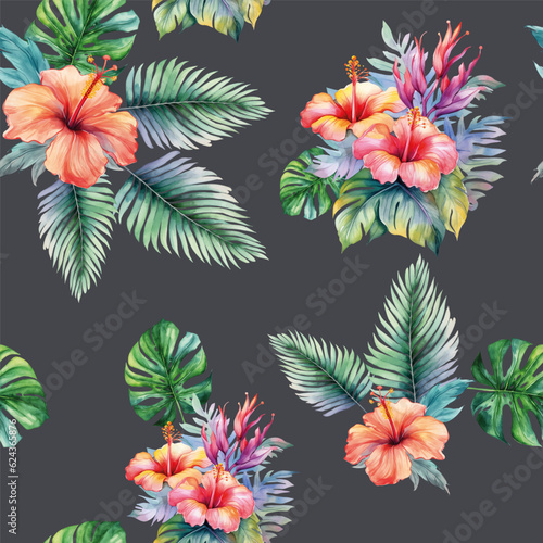 Seamless realistic vector botanical pattern. Dark background. Watercolor pattern with exotic flowers