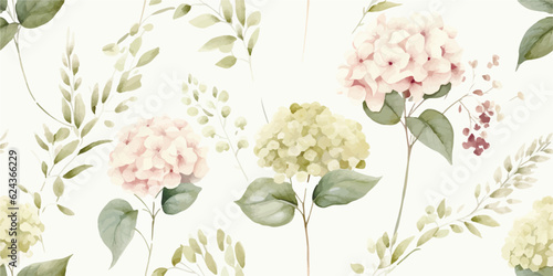 Floral seamless pattern with delicate hydrangea and green branches, watercolor illustration on ivory background, print for textile or wallpapers in provence style