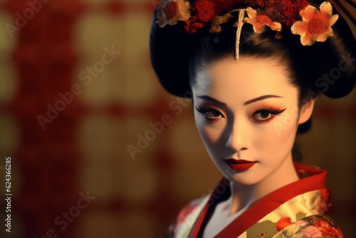 Beautiful Japanese geisha woman in traditional floral clothing. Generative AI
