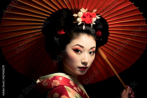 Beautiful Japanese geisha woman in traditional floral clothing. Generative AI