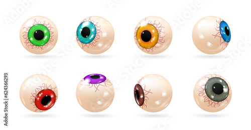 Eyeball with bloody capillaries and veins, colorful irises and pupils of isolated eyes. Vector Halloween holidays candies or decorations for party celebration, spooky design