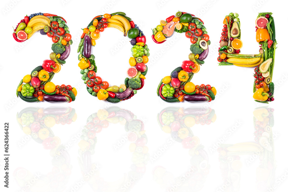New year 2024 food trends. New Year 2024 made of vegetables, fruits and