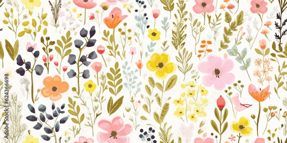 Floral seamless pattern with flowers and butterflies. Flowers meadow. Vector illustration in vintage style