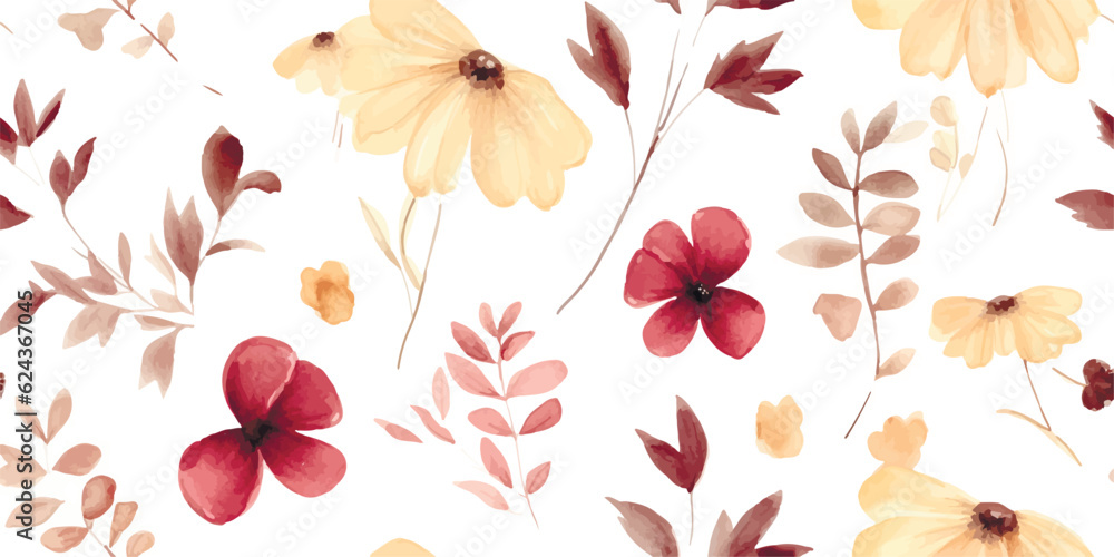 Floral seamless pattern with pressed flowers and leaves burgundy and delicate yellow colors. Watercolor print in vintage herbarium style, isolated illustration for textile, wallpaper or wrapping paper