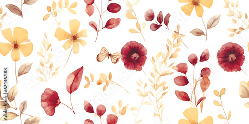 Floral seamless pattern with pressed flowers and leaves burgundy and delicate yellow colors. Watercolor print in vintage herbarium style, isolated illustration for textile, wallpaper or wrapping paper