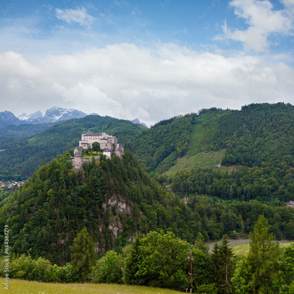 Alps mountain castle summer view (Austria, Hohenwerfen Castle, was built between 1075 and 1078)