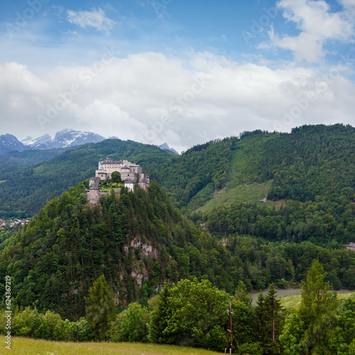 Alps mountain castle summer view (Austria, Hohenwerfen Castle, was built between 1075 and 1078) photo