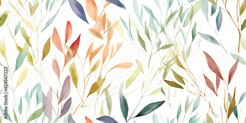 Foliage seamless pattern of colorful branches with leaves, watercolor floral illustration on white background