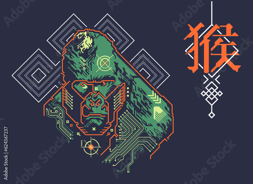 Slika na platnu Chinese zodiac sign of monkey, Graphic of colourful cyber ape with traditional C