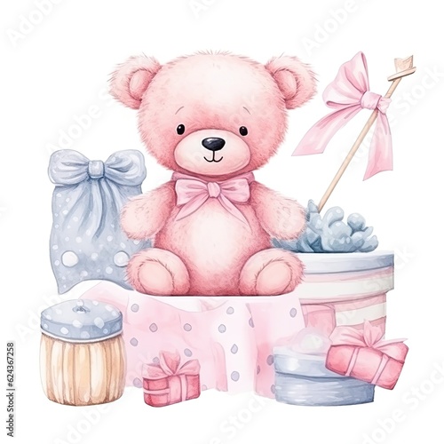 Watercolor baby shower background. Illustration AI Generative.