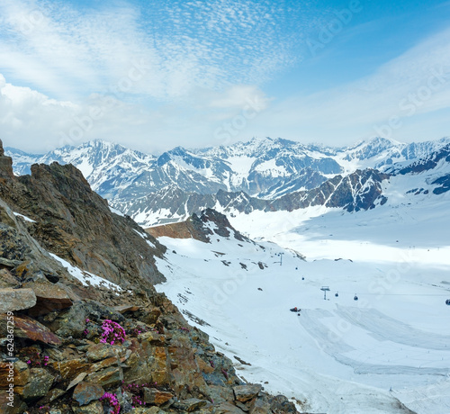 Mountain view from the Karlesjoch bahn upper station (3108m., near Kaunertal Gletscher on Austria-Italy border) with alp flowers  over cable ski lift photo