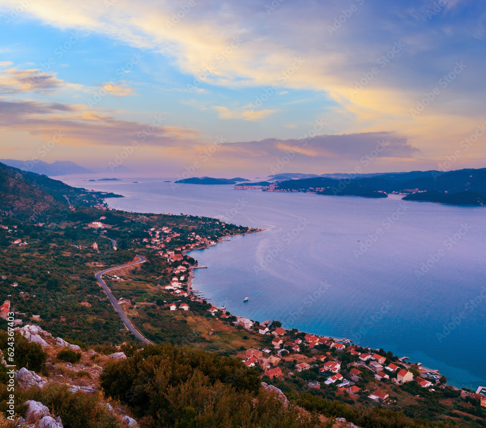 Evening summer coastline view with beach (Ston, Peljesac peninsula, Croatia).