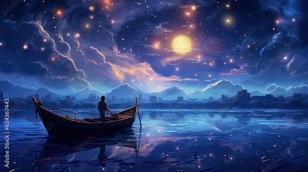 art illustration, a man in boat under galaxy sky, Generative Ai