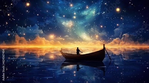 art illustration, a man in boat under galaxy sky, Generative Ai