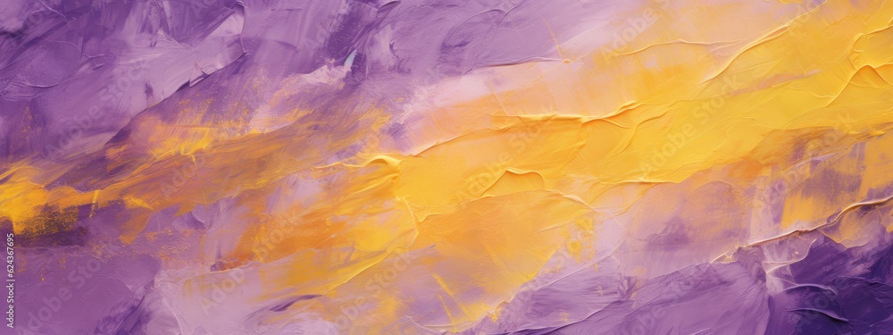 Closeup of abstract rough colorful purple yellow complementary colors art painting texture background wallpaper, with oil or acrylic brushstroke waves, pallet knife paint on canvas (Generative Ai)