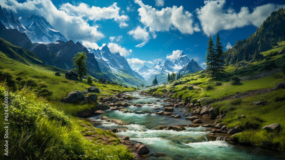 Beautiful mountain landscape with a small river in it. Generative AI