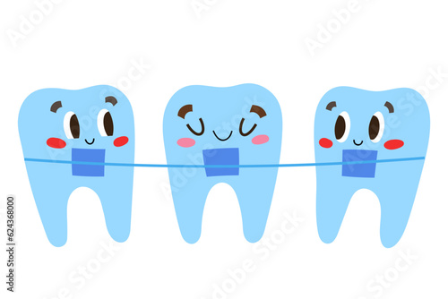 Cute smiling teeth with metal braces, orthodontic treatment for children, cute cartoon characters with facial expressions, flat vector illustration isolated on white background