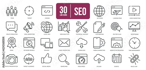 SEO simple minimal thin line icons. Related keyword, service, optimization, monitoring. Editable stroke. Vector illustration. 