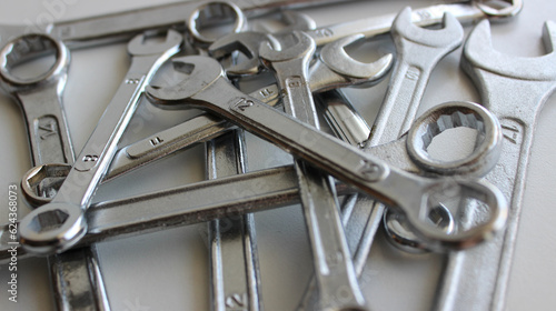 Variety ring wrenches, box end spanners and hex wrenches and on white surface 