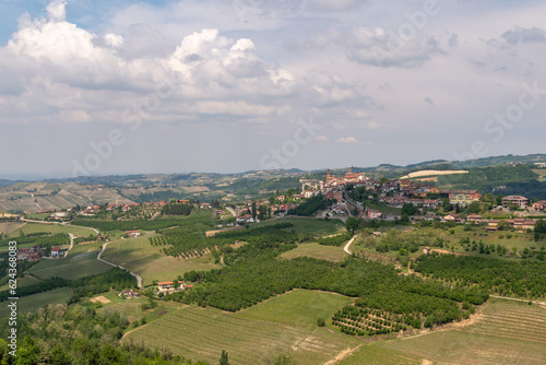 Scenic view of the Langhe vineyard hills with the village of Rodello  located a short distance from Alba  Cuneo  Piedmont  Italy