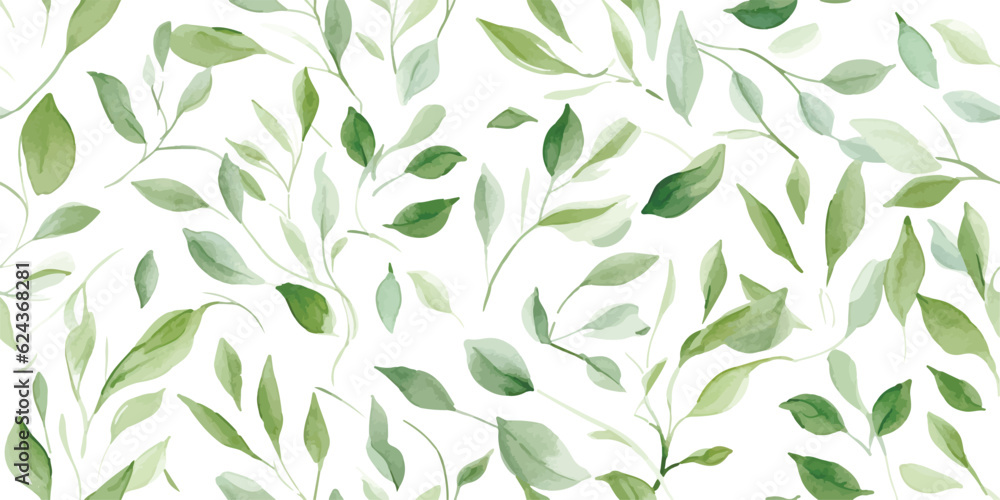 Fototapeta premium Hand painted foliage pattern, seamless floral print with green leaves, watercolor illustration isolated on white background for your wallpapers, textile or cover