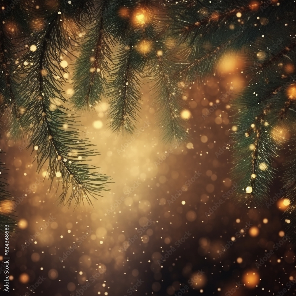 New Year's background with fir branches bokeh effect, Al Generation