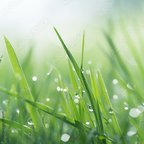 natural fresh green grass with drops of water in the rays of the sun on a light green background, Al Generation