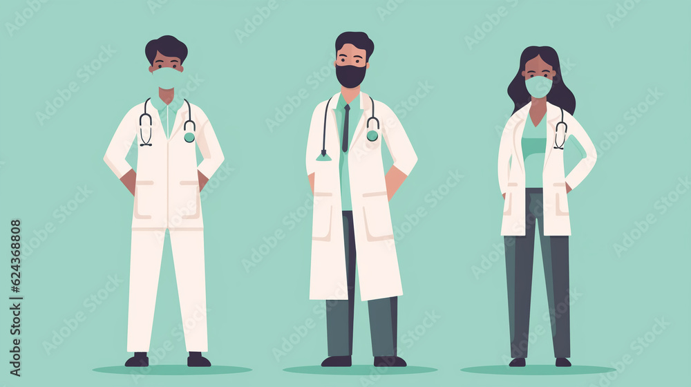 Male and female doctors in medical masks. Vector illustration in flat style, health staff, Generative Ai Male and female doctors in medical masks. Vector illustration in flat style, health staff, Generative Ai