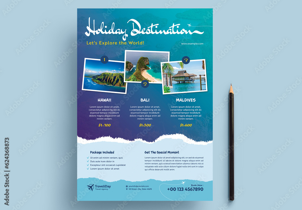 Travel Flyer Layout with Yellow and Blue Accents Stock Template | Adobe ...