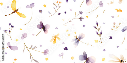 Minimalistic floral pattern with small flowers, petals, flying butterfly and dragonfly, wildlife watercolor print, seamless pattern purple and yellow colors, delicate illustration on white background