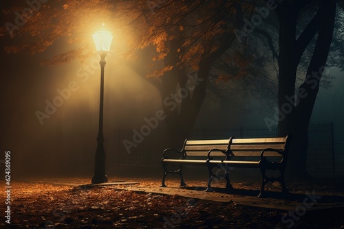 A park bench under the soft glow of a streetlamp, conveying the feeling of isolation and longing. Generative AI