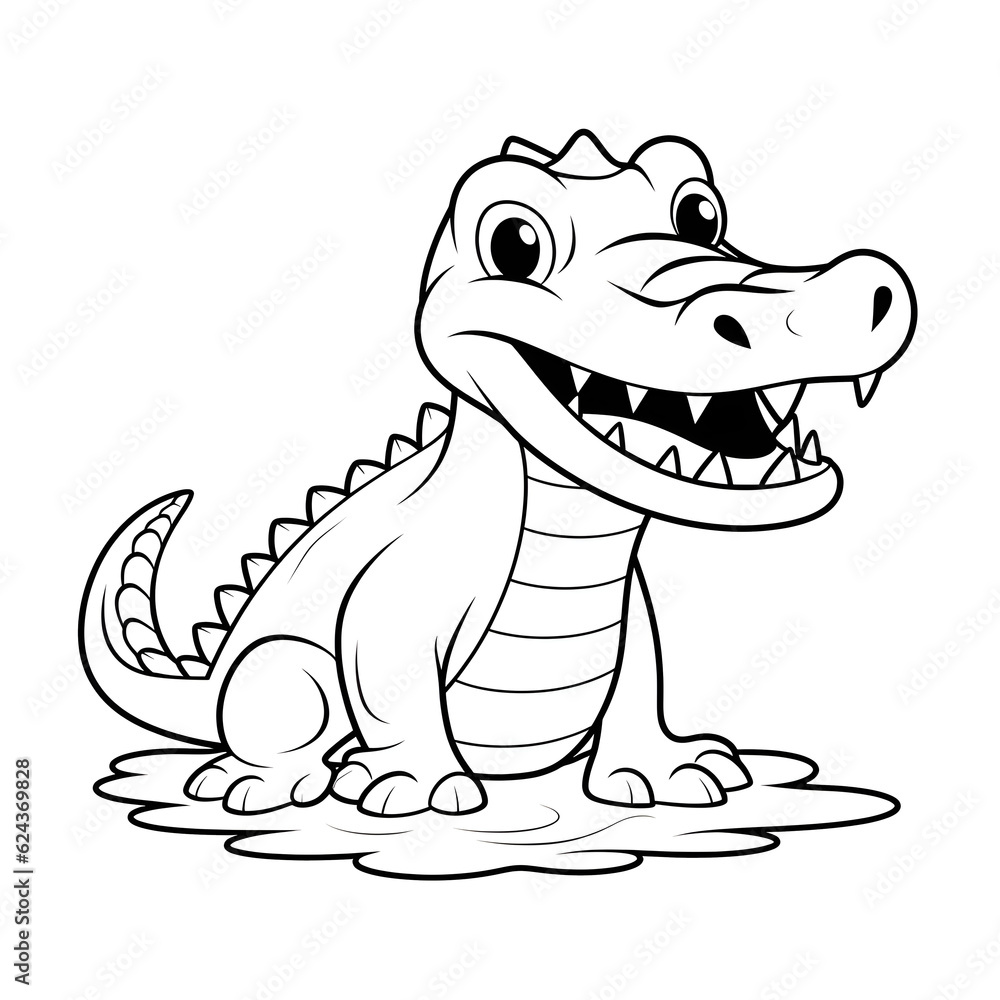 Fototapeta premium Forest animals - Cute crocodile, simple thick lines kids or children cartoon coloring book pages . No Background, Generative AI