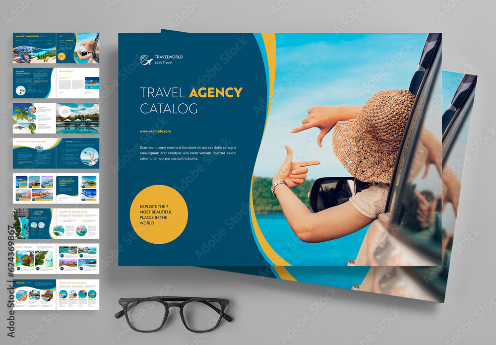 Agency Travel Catalog Layout with Yellow and Blue Accents Stock