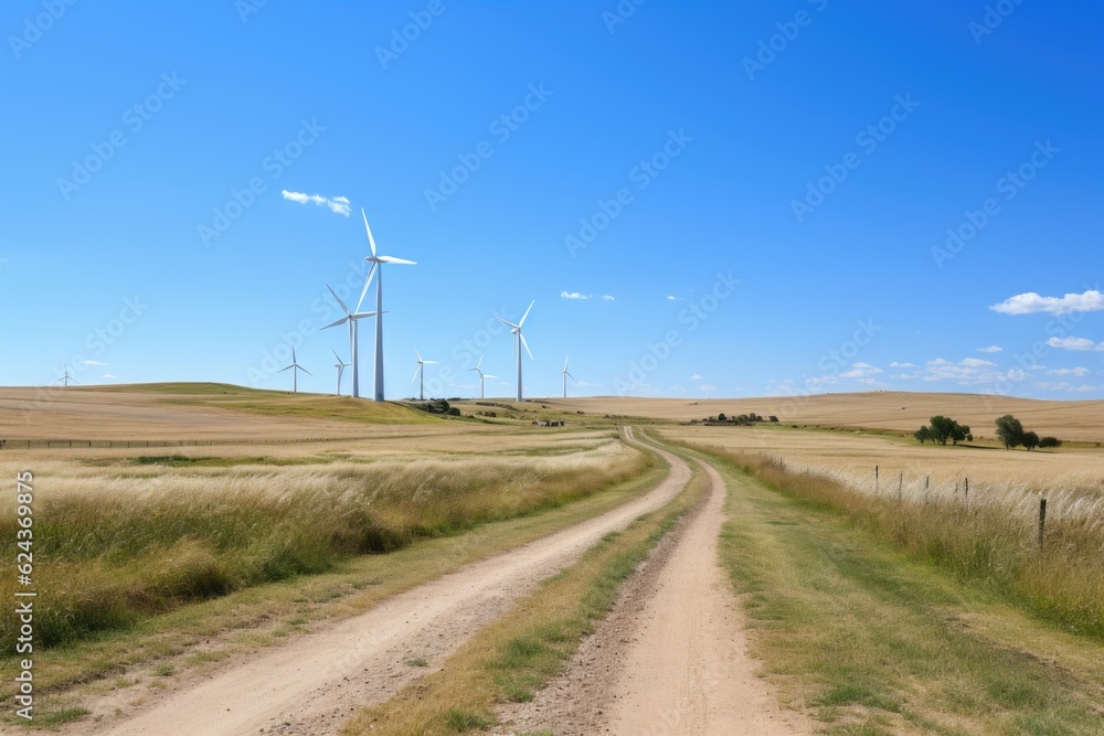 A dirt road with wind turbines in the background. Generative AI.