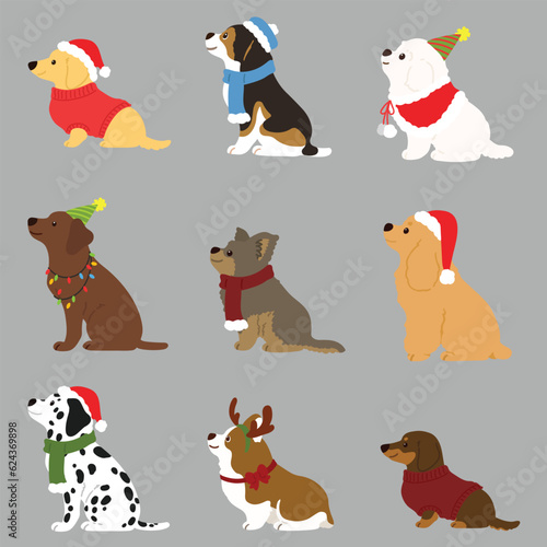 Simple and cute Christmas illustrations with adorable dogs sitting in side view