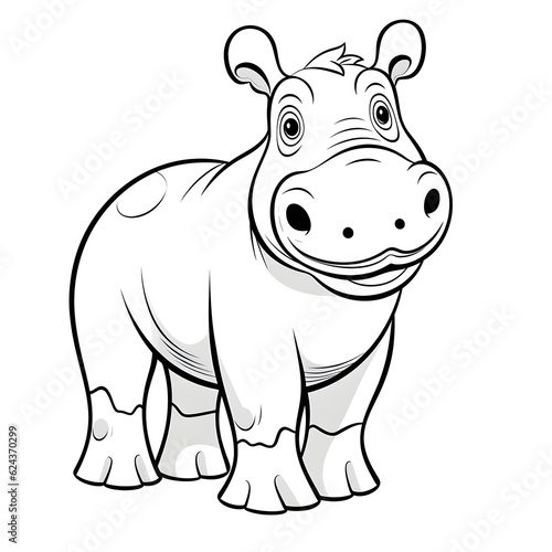 Forest animals - Cute Hippo  simple thick lines kids or children cartoon coloring book pages . No Background  Generative AI